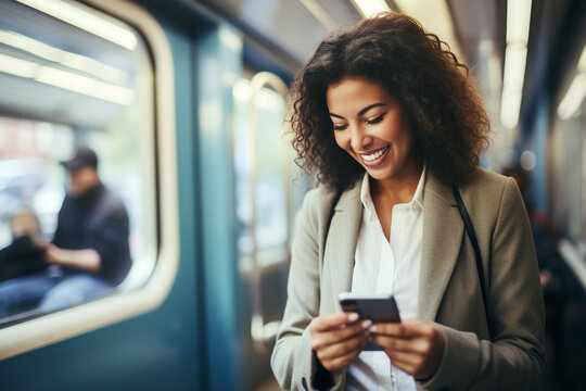 Mobile Worklife: Happy Professional Checks Message While Commuting in City
