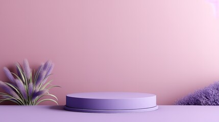 Abstract geometric form in a minimalist landscape with a platform in lavender color, Generative AI.