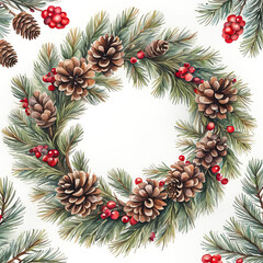 Fototapeta na wymiar Christmas watercolor wreath with pine cones and berries, decoration background. Holiday card template. Generative AI illustration