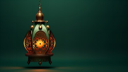 Arabic lamp with realistic lighting on a green background with empty space, Generative AI. - obrazy, fototapety, plakaty