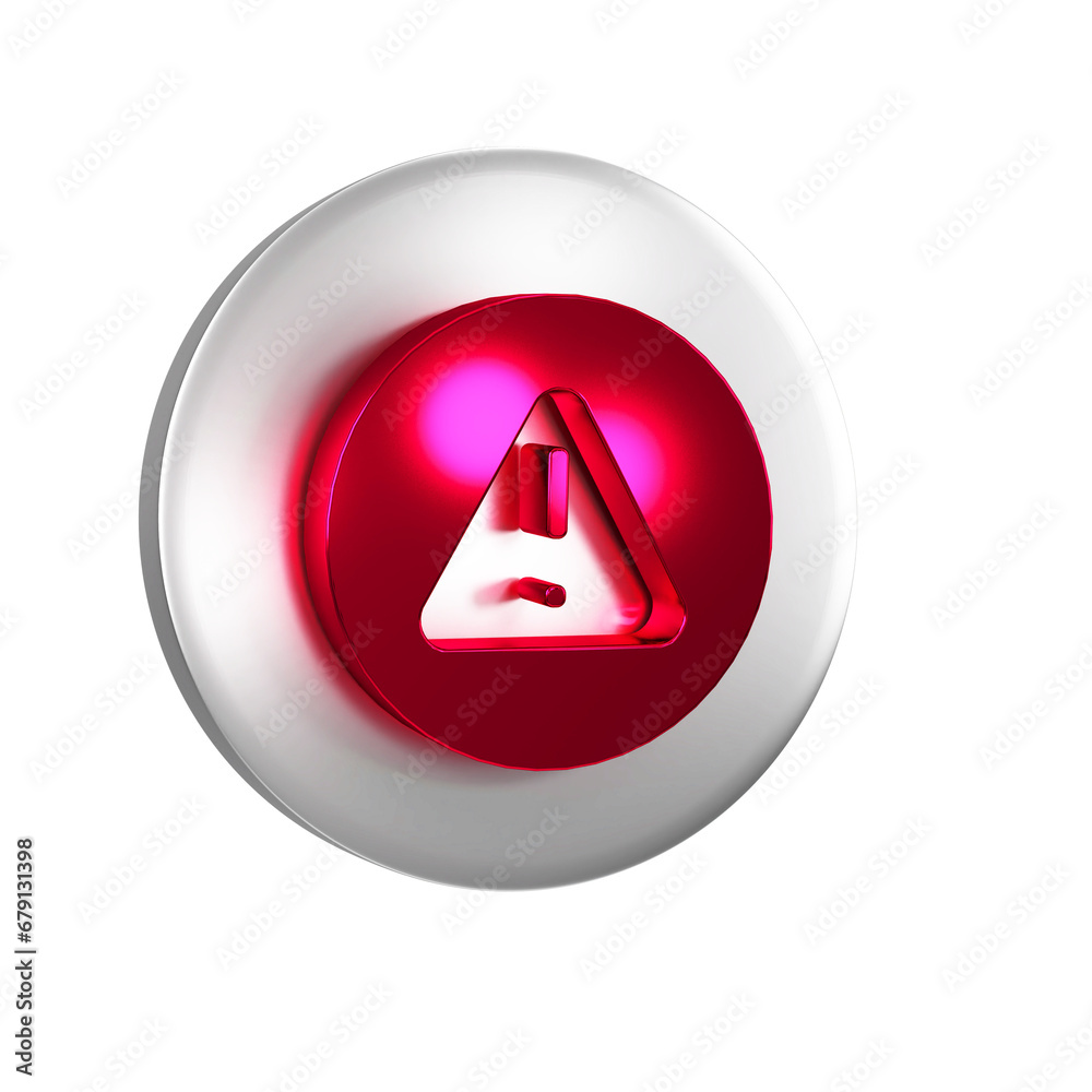 Sticker Red Exclamation mark in triangle icon isolated on transparent background. Hazard warning sign, careful, attention, danger warning important. Silver circle button.