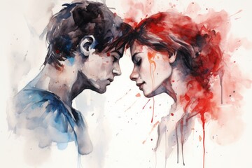 Intimate forehead touch, couple in love, dynamic watercolor, passionate red splatters, emotional Valentine closeness, love concept for Valentine's Day.