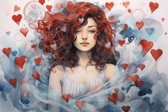 Watercolor drawing of a red-haired girl with hearts flying around her, a whimsical and charming image of young love, Valentine's Day.