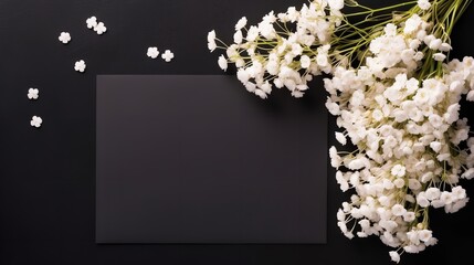 Wedding tabletop mockup including gypsophila flowers and a white paper list in a black hue, Generative AI.
