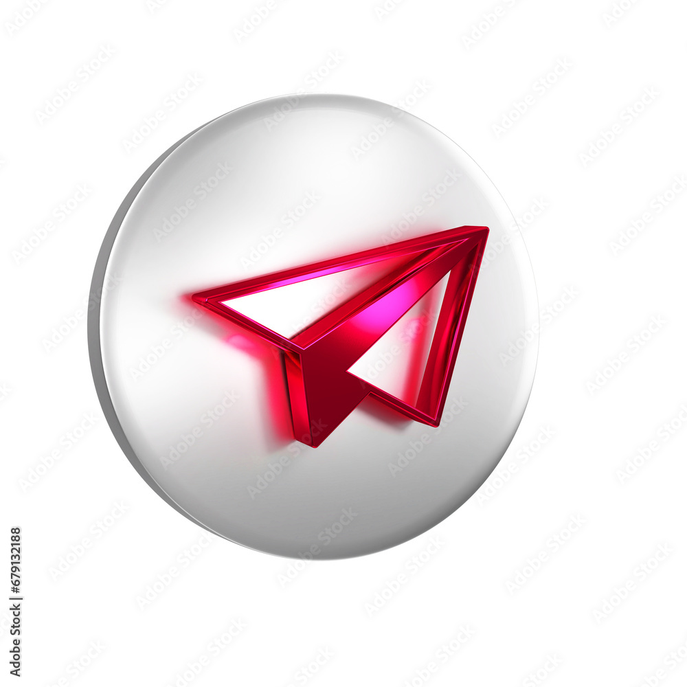 Poster red paper airplane icon isolated on transparent background. silver circle button.