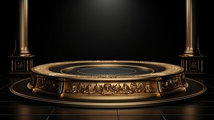 3d rendering gold Luxury Podium roman style on black