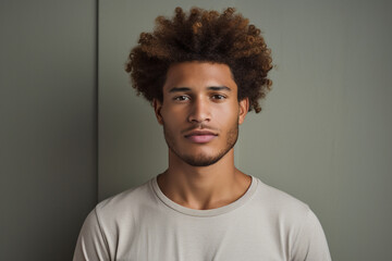 Obraz na płótnie Canvas Freckled Fro: Man Flaunts Curly Afro Hairstyle in Studio Setting