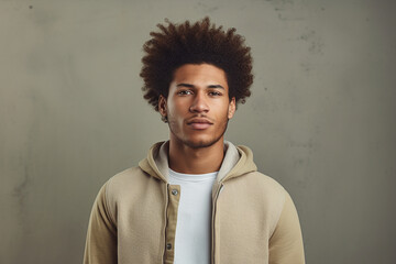 Obraz premium Freckled Fro: Man Flaunts Curly Afro Hairstyle in Studio Setting