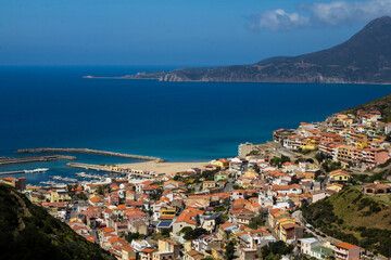 Fototapeta na wymiar Buggerru,Italia - Aprile 23, 2023: panorama della città di Buggerru - Sardegna