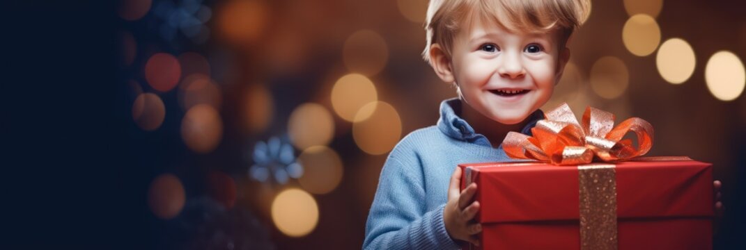 Surprised boy is holding a gift box near Christmas tree, kid wearing hat while holding a Christmas gift