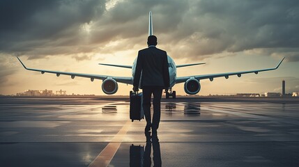 A businessman is walking towards a plane waiting - obrazy, fototapety, plakaty