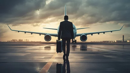 Poster A businessman is walking towards a plane waiting © clarut