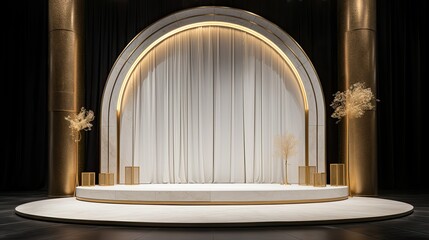 A white podium with thin gold cable arches - obrazy, fototapety, plakaty