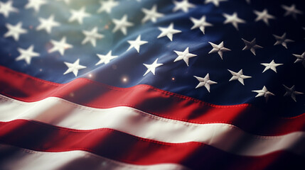 American flag waving in the wind. Flag USA as a patriotic background - obrazy, fototapety, plakaty