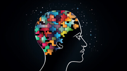 Human head profile and jigsaw puzzle, cognitive psychology or psychotherapy concept, mental health, brain problem, personality disorder, vector line design, dark background - obrazy, fototapety, plakaty
