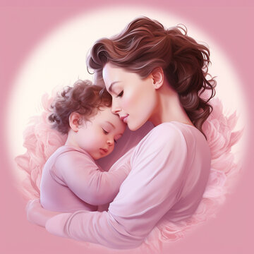 Beautiful mother holds her newborn baby, hugs and kisses him. isolated on pink background