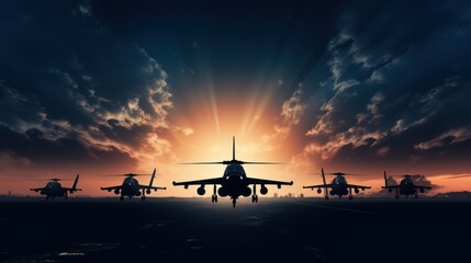 Silhouette soldiers show off aircraft performance in an air show with twilight sky background - obrazy, fototapety, plakaty
