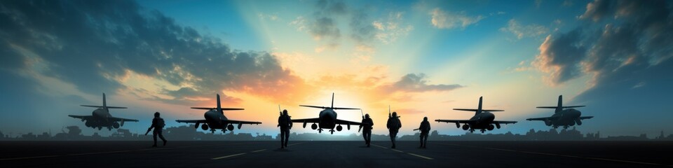 Silhouette soldiers show off aircraft performance in an air show with twilight sky background - obrazy, fototapety, plakaty