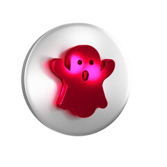 Red Ghost icon isolated on transparent background. Happy Halloween party. Silver circle button.