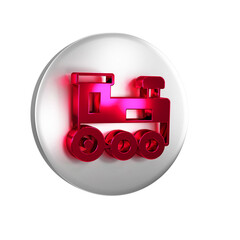 Red Toy train icon isolated on transparent background. Silver circle button.