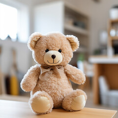 Kid's bear toy on the table in the room, ai technology