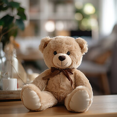 Kid's bear toy on the table in the room, ai technology - obrazy, fototapety, plakaty