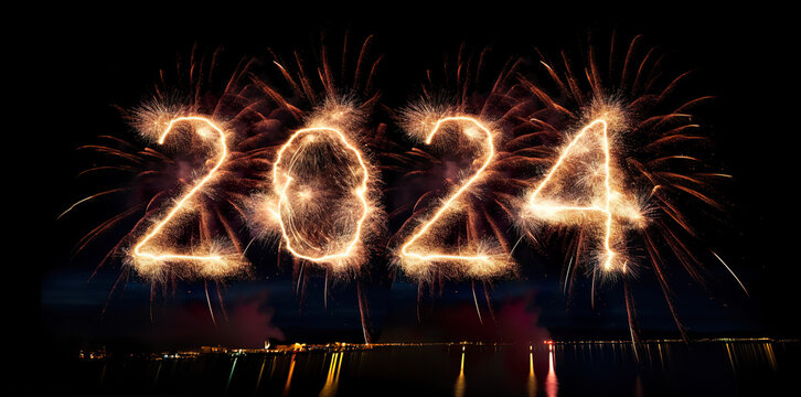 2024 sign new year's eve firework wide photograph