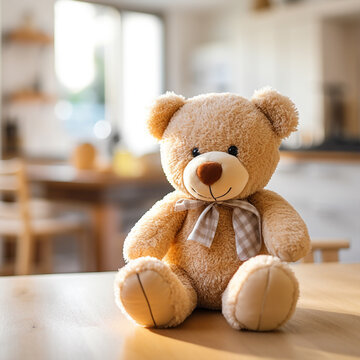 Kid's bear toy on the table in the room, ai technology