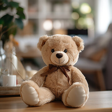 Kid's bear toy on the table in the room, ai technology