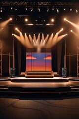 3D rendering of a stage in a theater with floodlights.