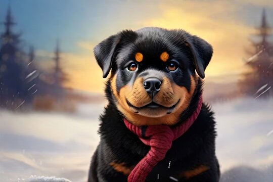 Cute rottweiler dog with scarf on winter background.