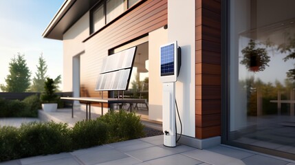 A modern private electric vehicle (EV) charging station installed at a residential home, featuring a dedicated power unit for convenient domestic plugin and charging of electric cars. - obrazy, fototapety, plakaty