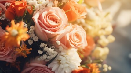 Close up of vibrant bouquet with roses and daisies, sunlight enhancing floral beauty and freshness