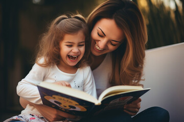 Obraz premium Joyful Storytime: Preschool Girl and Mom Share Laughter in Reading Session