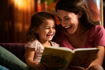 Joyful Storytime: Preschool Girl and Mom Share Laughter in Reading Session