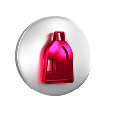 Red Plastic bottle for laundry detergent, bleach, dishwashing liquid or another cleaning agent icon isolated on transparent background. Silver circle button.