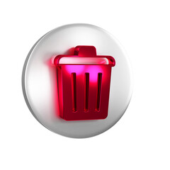 Red Trash can icon isolated on transparent background. Garbage bin sign. Recycle basket icon. Office trash icon. Silver circle button.