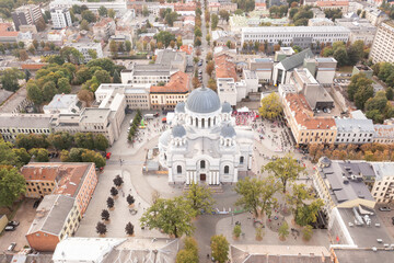 Drone photography of closed up city a for a marathon and meeting place in a city center