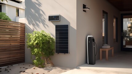 A modern private electric vehicle (EV) charging station installed at a residential home, featuring a dedicated power unit for convenient domestic plugin and charging of electric cars.