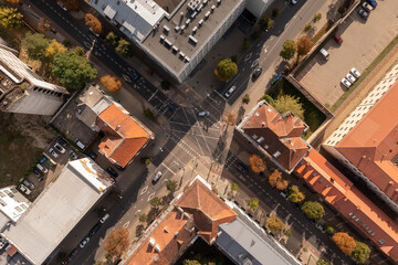 Drone photography of intersection in a european city center