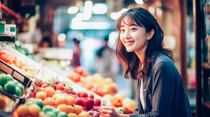 young Asian woman shopping fresh fruit at the market