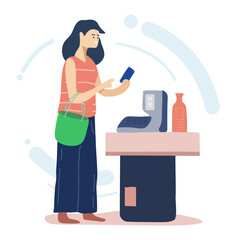 Vector illustration woman shopping and pay mobile contactless to cashier machine with digital marketing technology