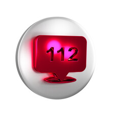 Red Telephone with emergency call 112 icon isolated on transparent background. Police, ambulance, fire department, call, phone. Silver circle button.