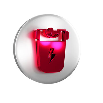 Red Police electric shocker icon isolated on transparent background. Shocker for protection. Taser is an electric weapon. Silver circle button.