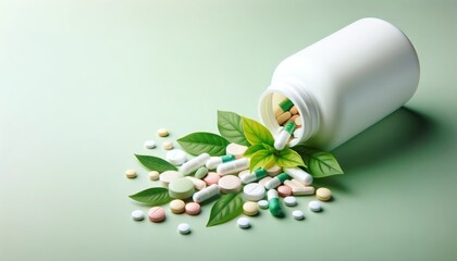 Natural Wellness Concept: Bottle with Pills and Green Leaves.