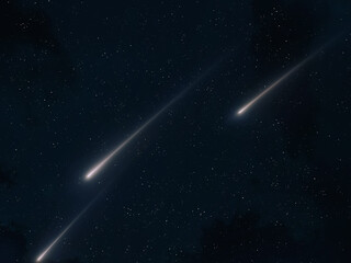 Meteor trails in the sky, beautiful star rain. Shooting stars. Three bright meteorites burn up in the atmosphere.