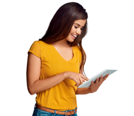 Woman, smile and scroll on tablet for social media post, ebook and update software isolated on transparent png background. Digital tech, download and subscription for blog, online games and news app