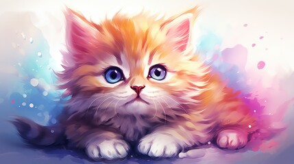 Exquisite digital art of a kitten with striking blue eyes amidst a colorful abstract splash, Pet charm and creativity.