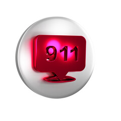 Red Telephone with emergency call 911 icon isolated on transparent background. Police, ambulance, fire department, call, phone. Silver circle button.