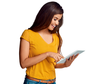 Woman, smile and scroll on tablet for social media post, ebook and update software isolated on transparent png background. Digital tech, download and subscription for blog, online games and news app